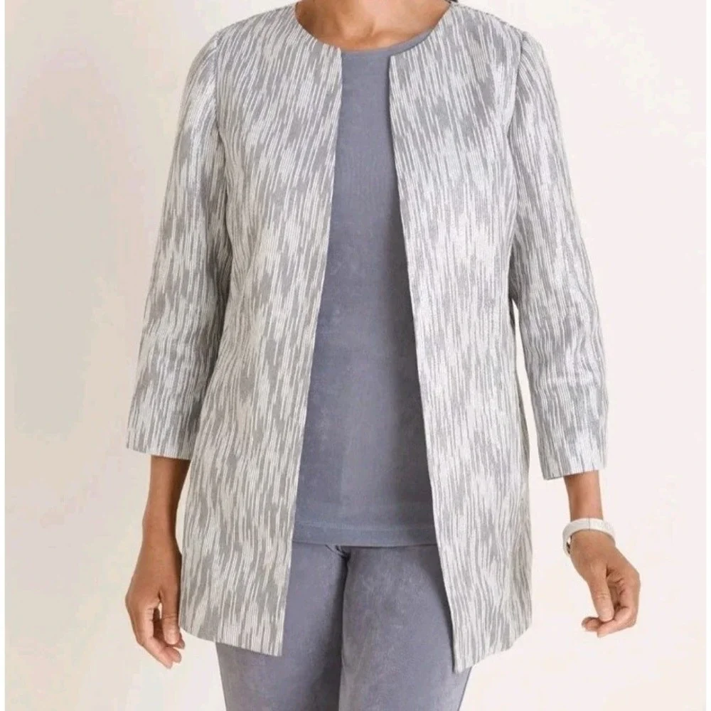 Chico's Travelers Textured Lurex Jacket Sz 0 US S 4 6 Gray‎ Metallic Silver